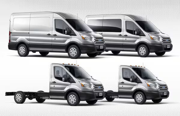 Four different models of Ford Transit Van are displayed.
